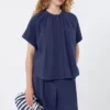 Camicia girocollo in popeline di cotone, blu navy