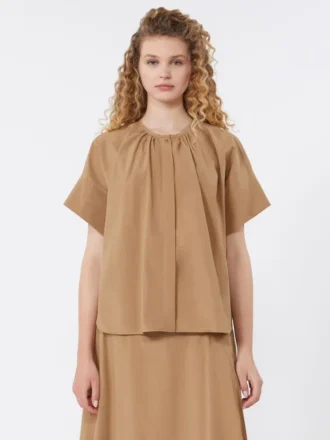 Camicia girocollo in popeline di cotone, color tabacco