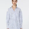 Camicia in cotone a righe con pizzo traforato, blu navy