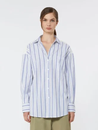 Camicia in cotone a righe con pizzo traforato, blu navy