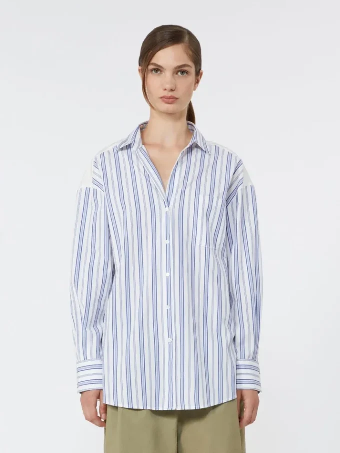 Camicia in cotone a righe con pizzo traforato, blu navy