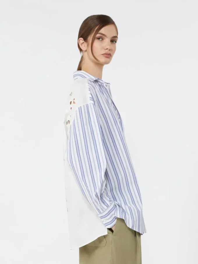 Camicia in cotone a righe con pizzo traforato, blu navy