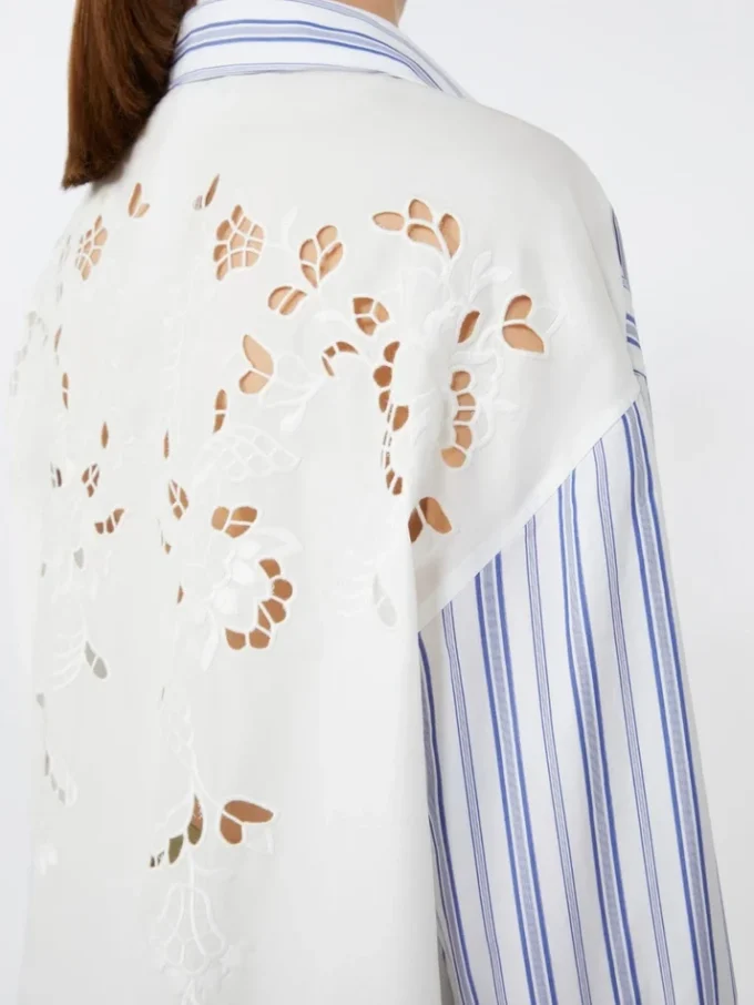Camicia in cotone a righe con pizzo traforato, blu navy
