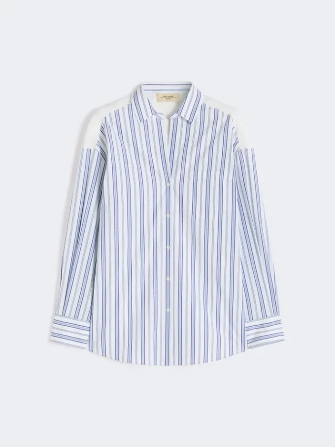 Camicia in cotone a righe con pizzo traforato, blu navy