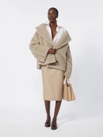Cappotto in tessuto teddy di alpaca e cashmere, color sabbia