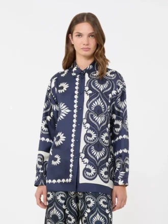 Camicia in seta stampata con effetto patchwork, blu navy