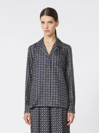 Camicia in seta stampata semi-aderente, blu oltremare