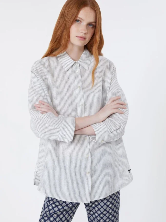 Camicia in tela di lino a righe, blu navy Camicia in tela di lino a righe, blu navy