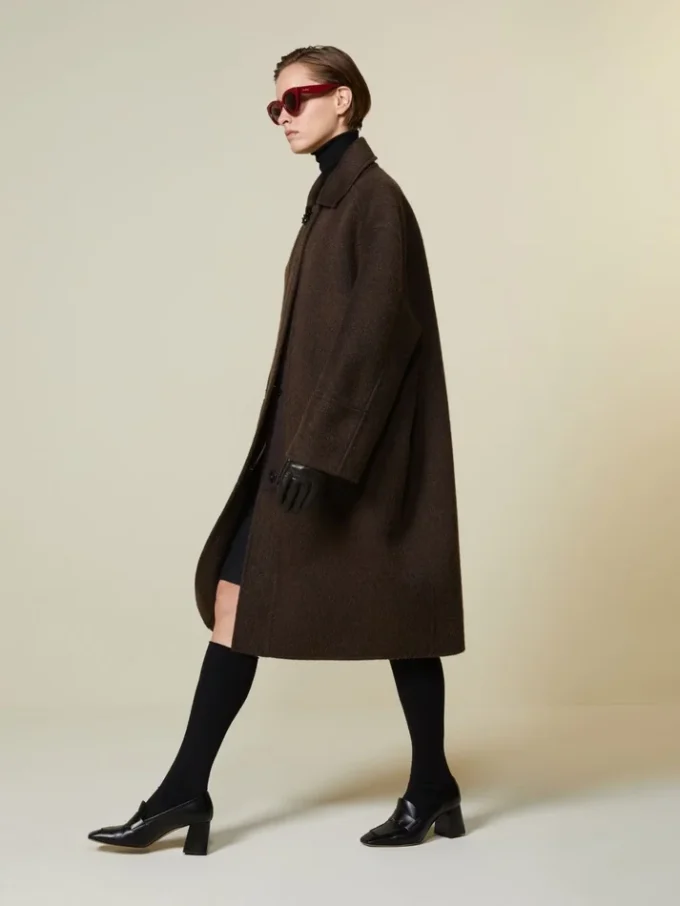 Cappotto a bozzolo in lana e mohair, marrone