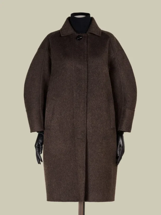 Cappotto a bozzolo in lana e mohair, marrone