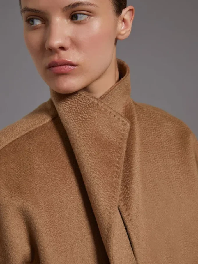 Cappotto cardigan midi in cashmere, color cammello