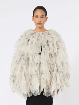 Cappotto corto con petali in organza stampata, grigio perla