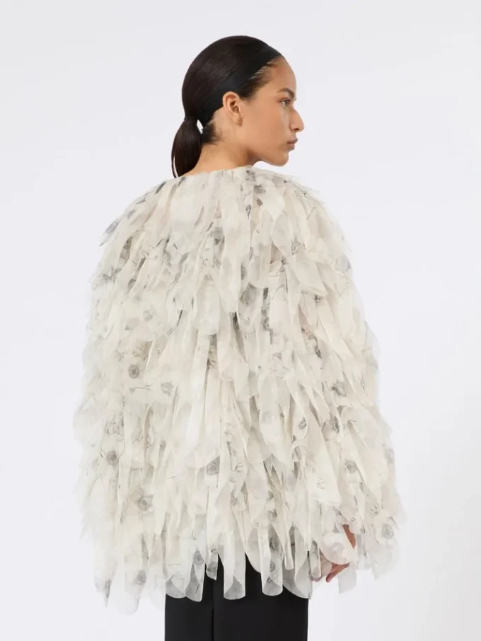 Cappotto corto con petali in organza stampata, grigio perla Cappotto corto con petali in organza stampata, grigio perla