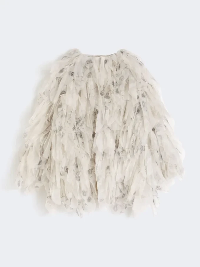 Cappotto corto con petali in organza stampata, grigio perla Cappotto corto con petali in organza stampata, grigio perla