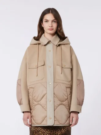 Cappotto imbottito in lana e nylon double-face, color cammello