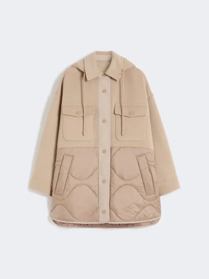 Cappotto imbottito in lana e nylon double-face, color cammello