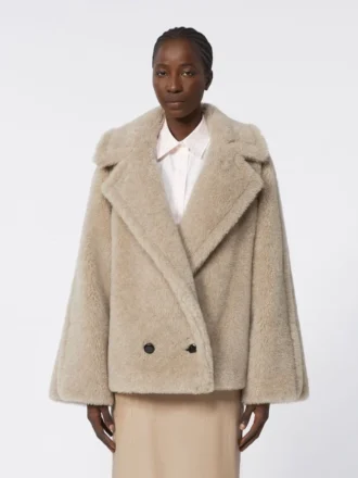 Cappotto in tessuto teddy di alpaca e cashmere, color sabbia