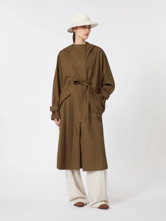 Cappotto lungo in gabardine di lana idrorepellente, marrone
