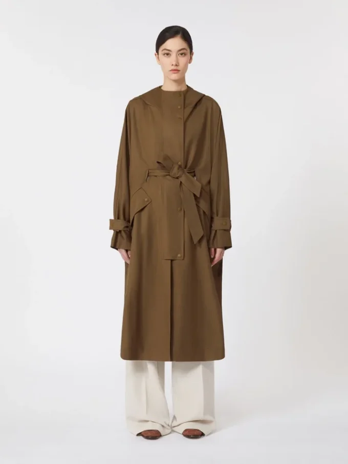 Cappotto lungo in gabardine di lana idrorepellente, marrone