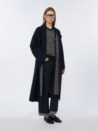 Cappotto lungo in lana a trama larga, blu notte