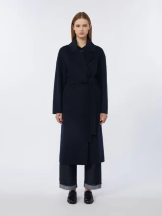 Cappotto lungo in lana a trama larga, blu notte