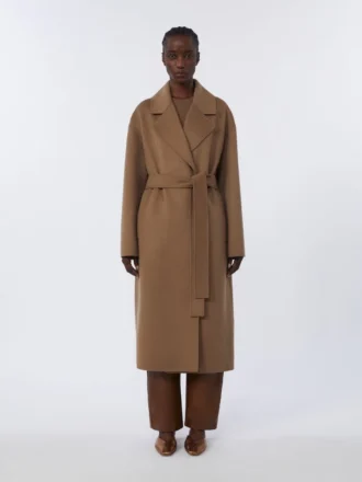 Cappotto lungo in lana a trama larga, color cammello
