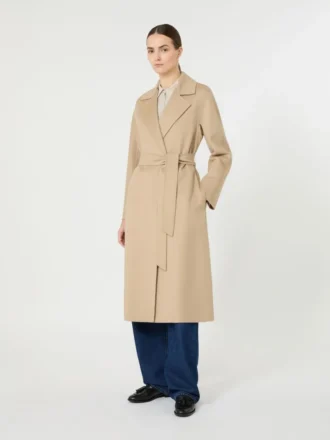Cappotto lungo in lana, cashmere e seta, color sabbia