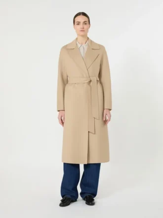 Cappotto lungo in lana, cashmere e seta, color sabbia