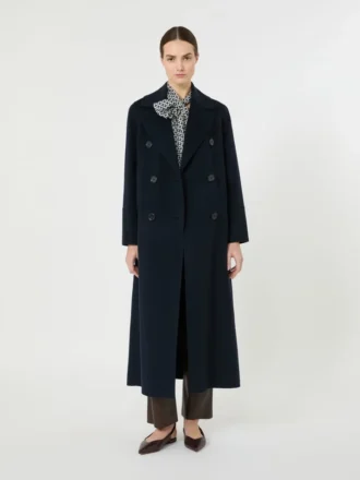 Cappotto lungo in lana con dettaglio a mezza cintura, blu notte