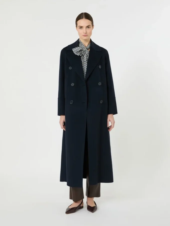 Cappotto lungo in lana con dettaglio a mezza cintura, blu notte Cappotto lungo in lana con dettaglio a mezza cintura, blu notte