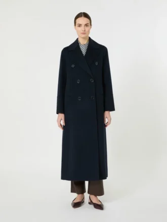 Cappotto lungo in lana con dettaglio a mezza cintura, blu notte