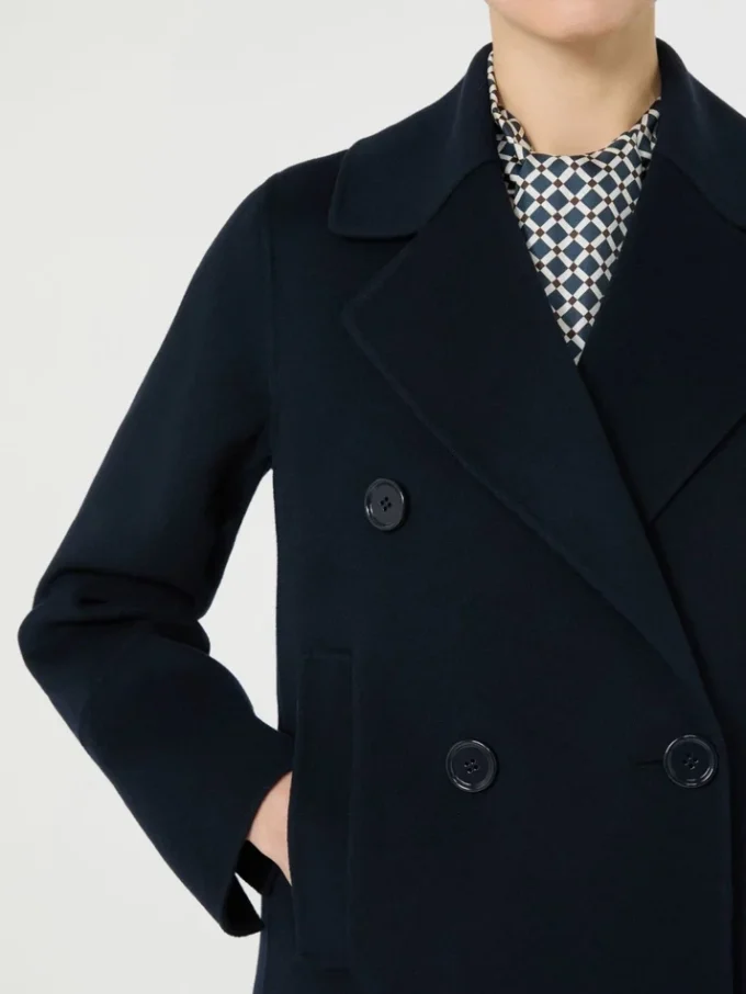 Cappotto lungo in lana con dettaglio a mezza cintura, blu notte Cappotto lungo in lana con dettaglio a mezza cintura, blu notte
