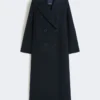 Cappotto lungo in lana con dettaglio a mezza cintura, blu notte Cappotto lungo in lana con dettaglio a mezza cintura, blu notte