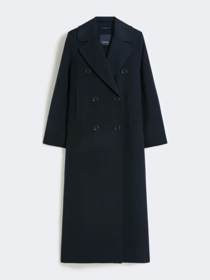Cappotto lungo in lana con dettaglio a mezza cintura, blu notte Cappotto lungo in lana con dettaglio a mezza cintura, blu notte