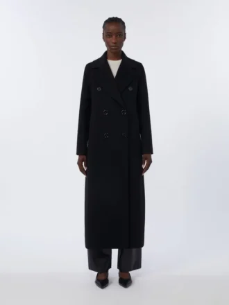 Cappotto lungo in lana con dettaglio di mezza cintura, nero