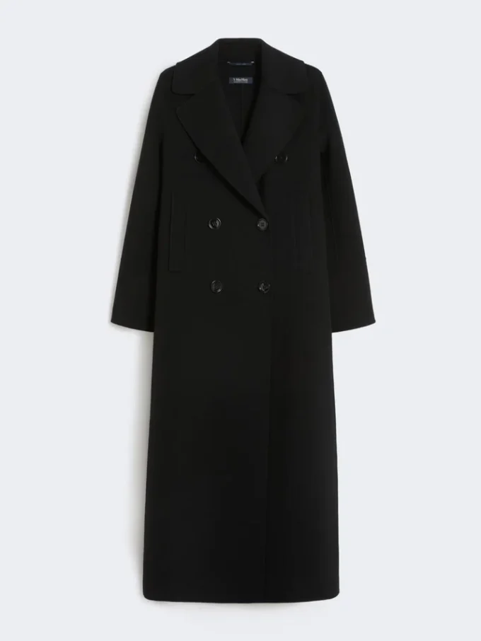 Cappotto lungo in lana con dettaglio di mezza cintura, nero Cappotto lungo in lana con dettaglio di mezza cintura, nero
