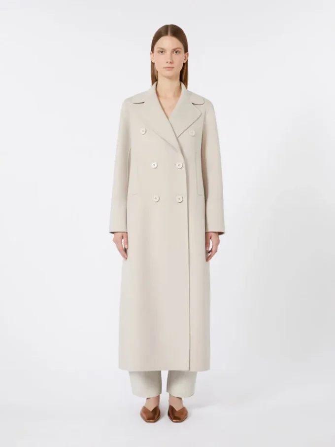 Cappotto lungo in lana con dettaglio di mezza cintura, sabbia Cappotto lungo in lana con dettaglio di mezza cintura, sabbia
