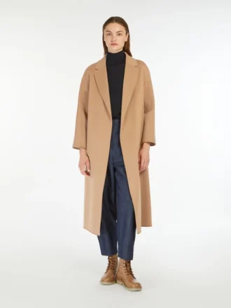 Cappotto midi in lana pettinata, color cammello