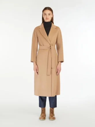 Cappotto midi in lana pettinata, color cammello