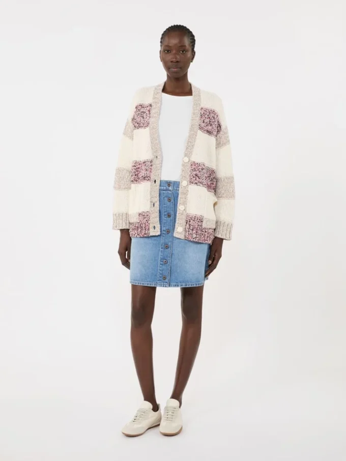 Cardigan a righe in lana e cotone, color sabbia Cardigan a righe in lana e cotone, color sabbia