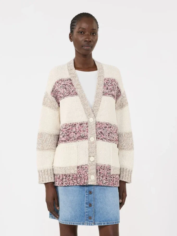 Cardigan a righe in lana e cotone, color sabbia Cardigan a righe in lana e cotone, color sabbia
