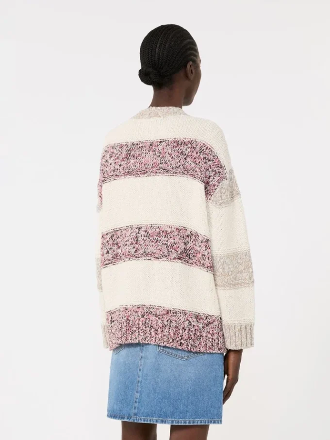 Cardigan a righe in lana e cotone, color sabbia Cardigan a righe in lana e cotone, color sabbia