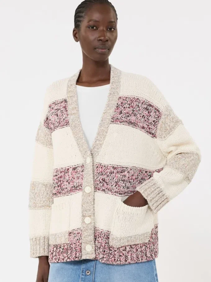 Cardigan a righe in lana e cotone, color sabbia Cardigan a righe in lana e cotone, color sabbia
