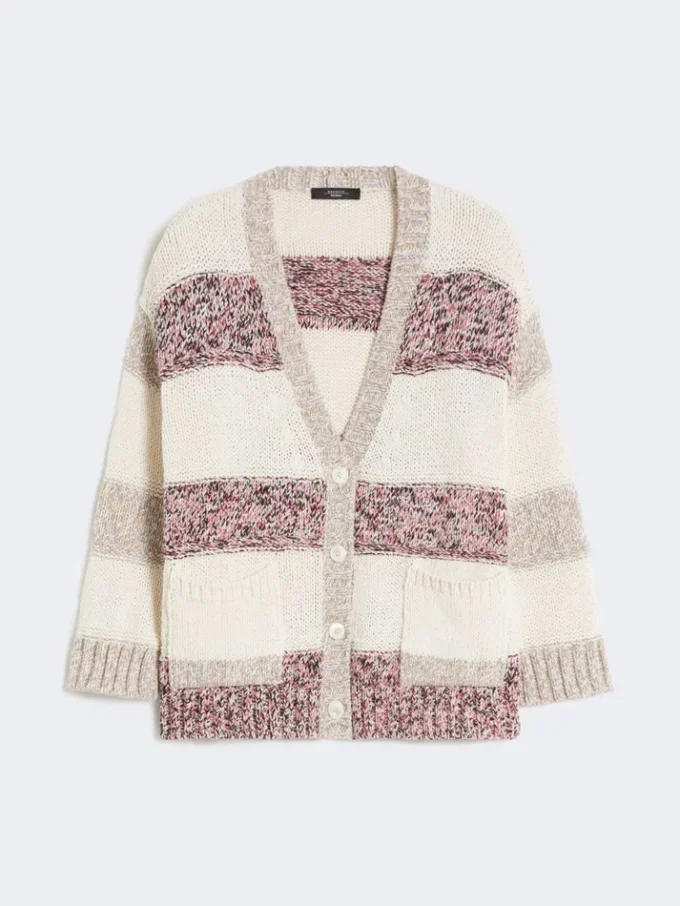 Cardigan a righe in lana e cotone, color sabbia Cardigan a righe in lana e cotone, color sabbia