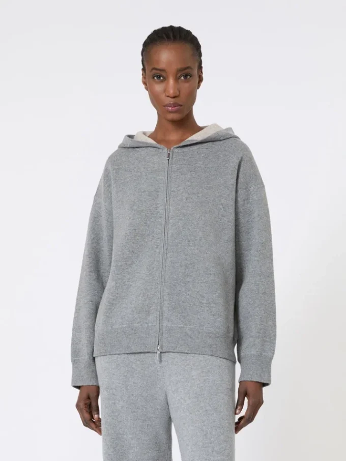 Cardigan con cappuccio in lana e cashmere, grigio medio Cardigan con cappuccio in lana e cashmere, grigio medio