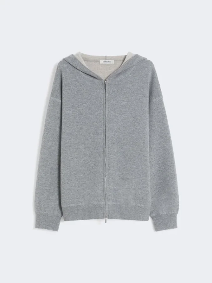 Cardigan con cappuccio in lana e cashmere, grigio medio Cardigan con cappuccio in lana e cashmere, grigio medio