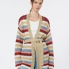 Cardigan in filato di lino con cintura, ciliegia