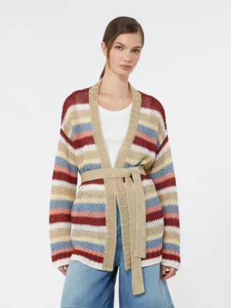 Cardigan in filato di lino con cintura, ciliegia