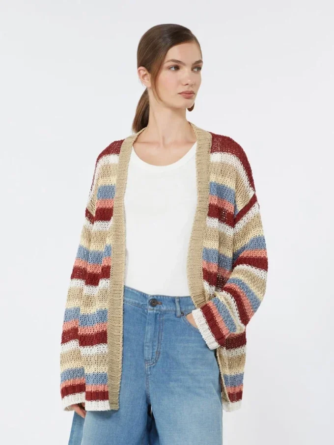 Cardigan in filato di lino con cintura, ciliegia
