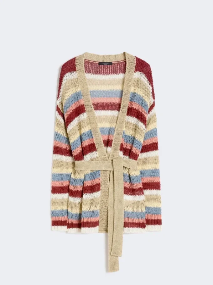 Cardigan in filato di lino con cintura, ciliegia